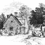 Black and white sketch of a rustic cottage surrounded by trees.