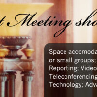 Meeting space advertisement with various services listed.