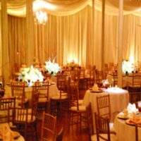 Elegant wedding reception with floral centerpieces.