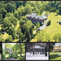 Aerial view of estate with surrounding gardens.
